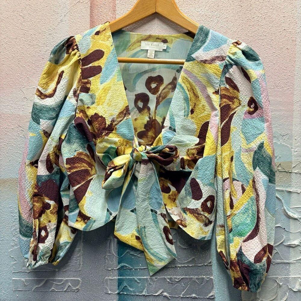 Ted Baker London S/M Floral 3/4 Puff Sleeve Smocked Crop Top Preppy Artsy Retro